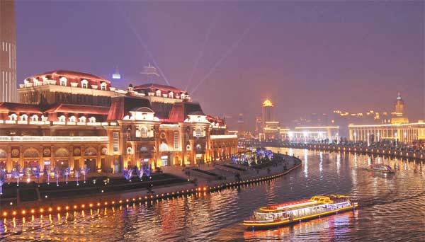 Lights along the Haihe River brighten up the night sky in Tianjin.